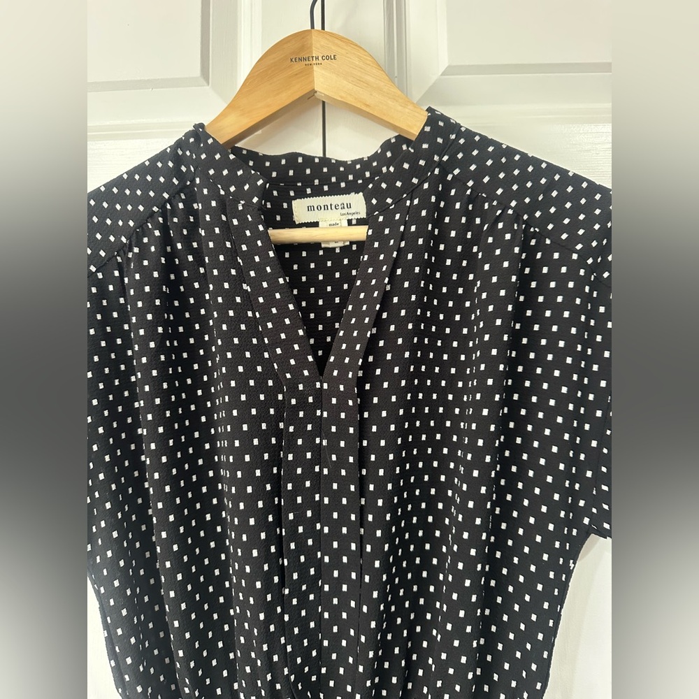 Monteau Black & White Print Dress Size L Tie Waist - Picture 3 of 6